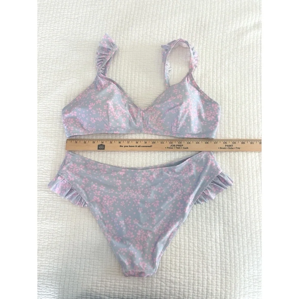HM Pink Floral Ruffle Bikini Set Blue High Waist Two Piece Swimsuit Womens 16